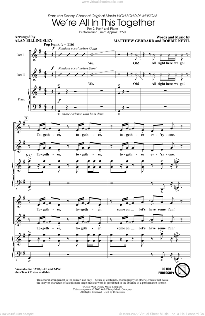 We're All In This Together (from High School Musical) (arr. Alan Billingsley) sheet music for choir (2-Part) by Alan Billingsley, High School Musical Cast, Matthew Gerrard and Robbie Nevil, intermediate duet