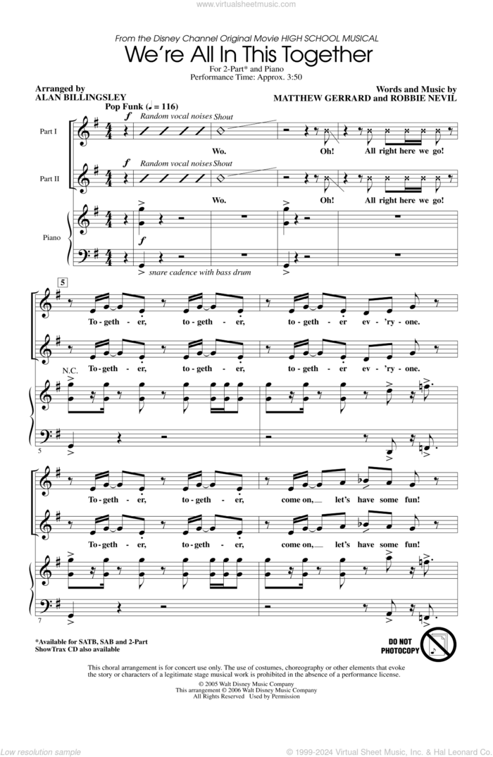 We're All In This Together (from High School Musical) (arr. Alan Billingsley) sheet music for choir (2-Part) by Alan Billingsley, High School Musical Cast, Matthew Gerrard and Robbie Nevil, intermediate duet