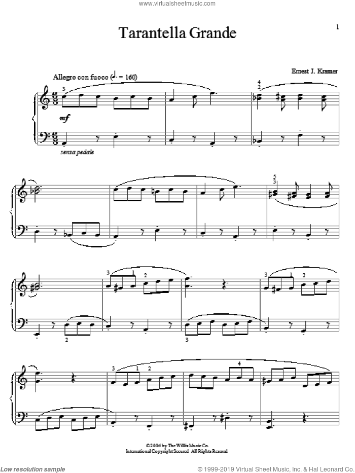 Tarantella Grande sheet music for piano solo (elementary) by Ernest J. Kramer, beginner piano (elementary)