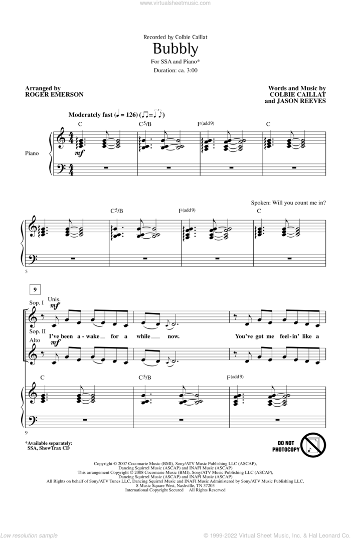 Bubbly sheet music for choir (SSA: soprano, alto) by Roger Emerson and Colbie Caillat, intermediate skill level
