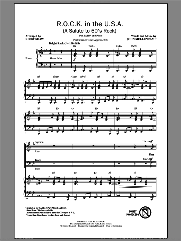 R.O.C.K. In The U.S.A. (A Salute To 60's Rock) sheet music for choir (SATB: soprano, alto, tenor, bass) by Kirby Shaw and John Mellencamp, intermediate skill level