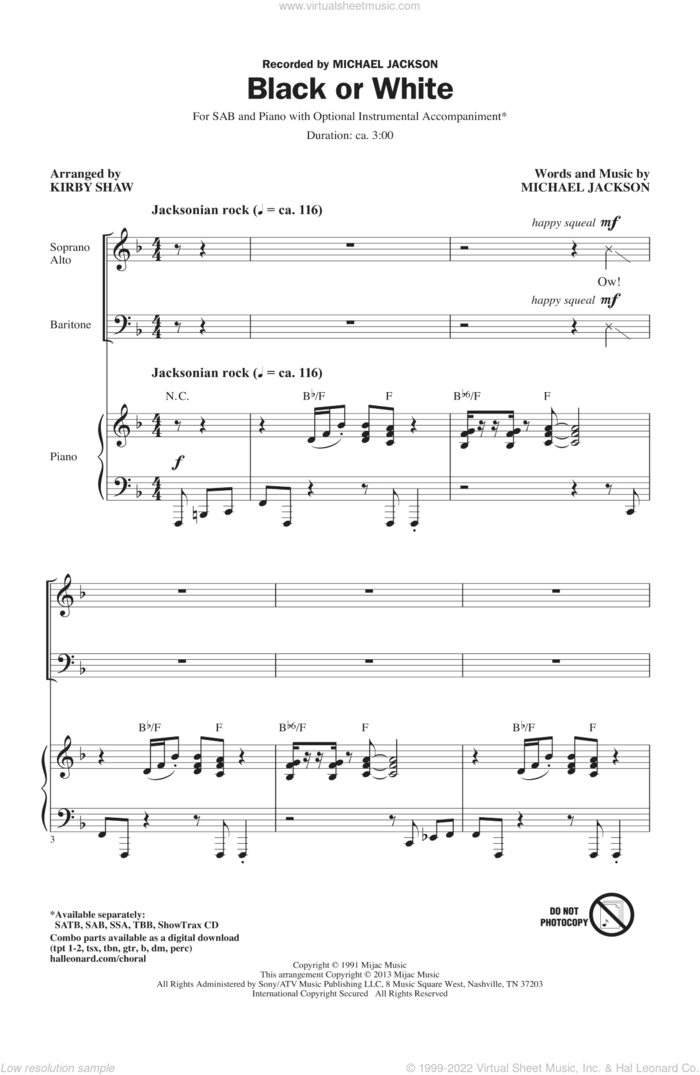 Black Or White (arr. Kirby Shaw) sheet music for choir (SAB: soprano, alto, bass) by Kirby Shaw and Michael Jackson, intermediate skill level