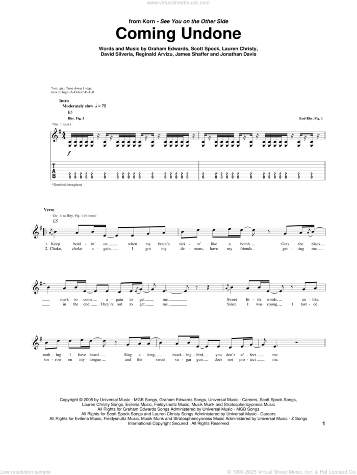 Coming Undone sheet music for guitar (tablature) by Korn, David Randall Silveria, Graham Edwards, James Shaffer, Jonathan Davis, Lauren Christy, Reginald Arvizu and Scott Spock, intermediate skill level