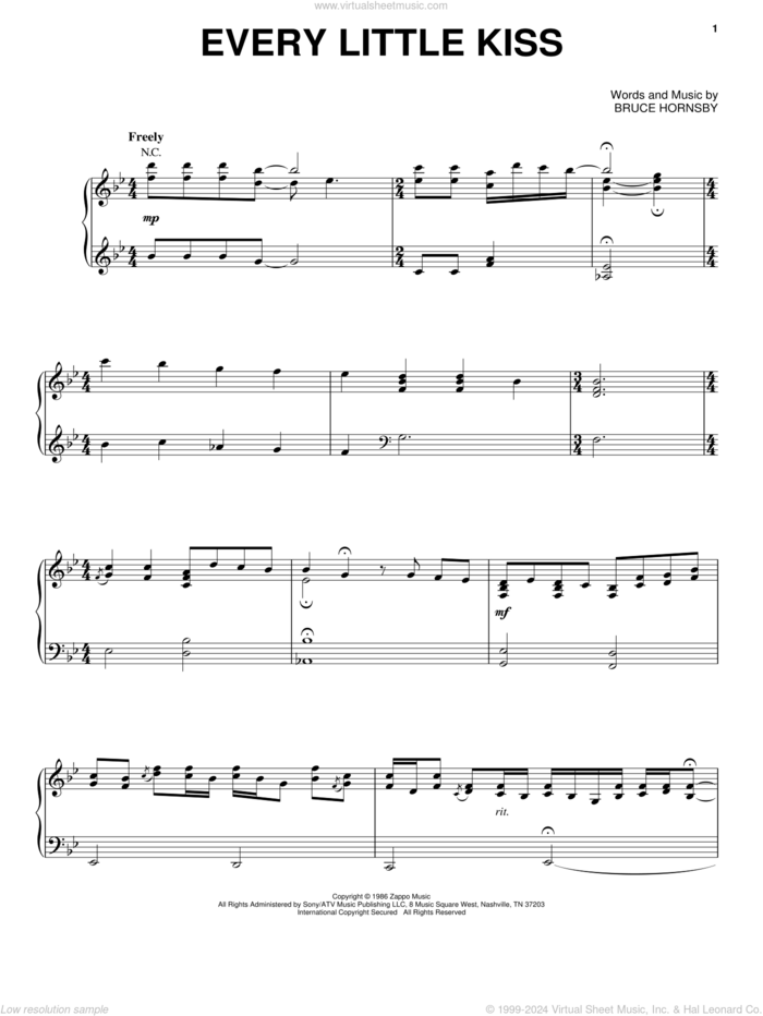 Every Little Kiss sheet music for voice, piano or guitar by Bruce Hornsby, intermediate skill level