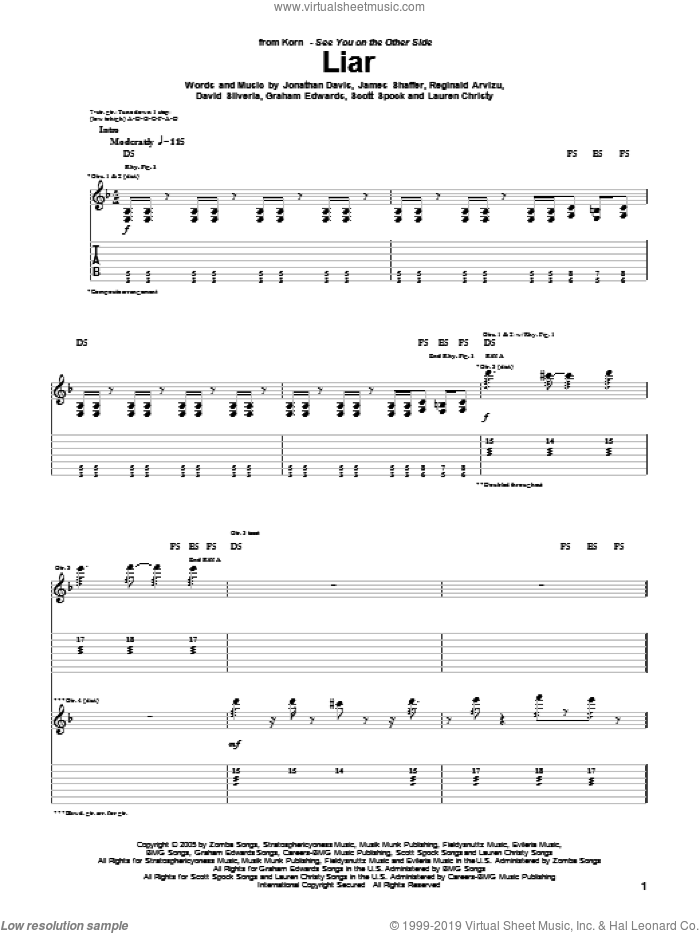 Liar sheet music for guitar (tablature) by Korn, David Randall Silveria, Graham Edwards, James Shaffer, Jonathan Davis, Lauren Christy, Reginald Arvizu and Scott Spock, intermediate skill level