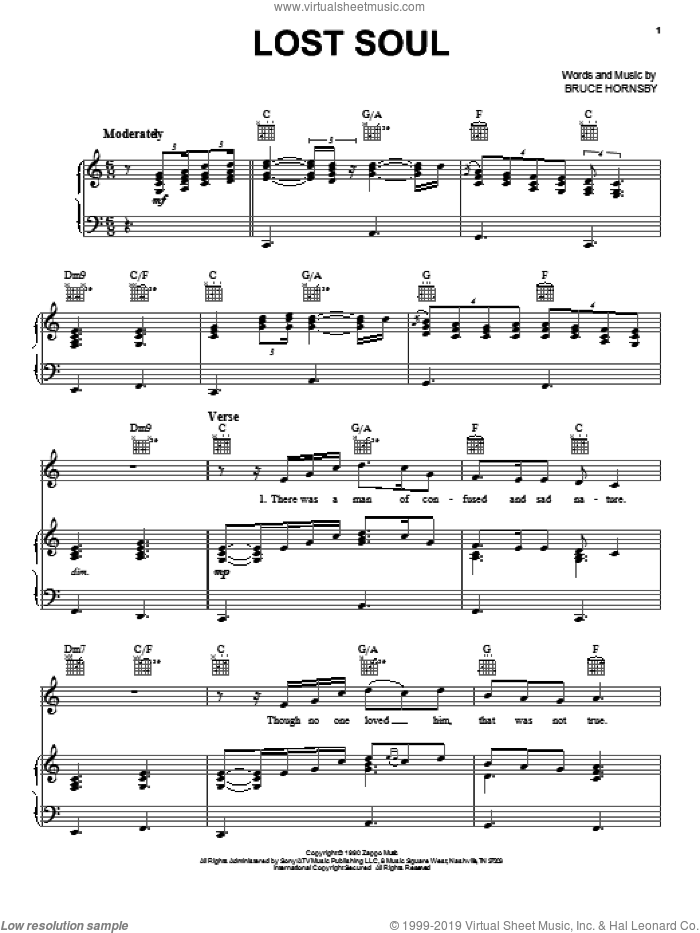 Lost Soul sheet music for voice, piano or guitar by Bruce Hornsby, intermediate skill level