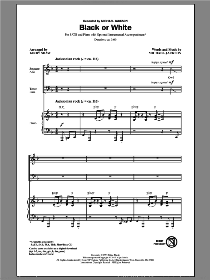 Black Or White (arr. Kirby Shaw) sheet music for choir (SATB: soprano, alto, tenor, bass) by Kirby Shaw and Michael Jackson, intermediate skill level