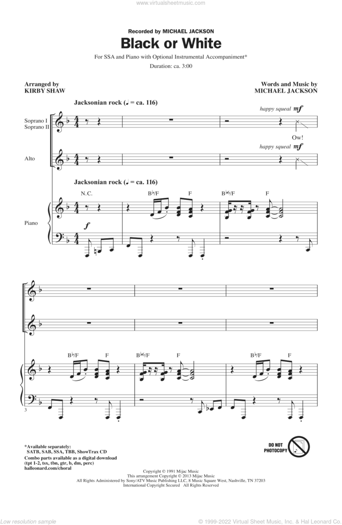 Black Or White (arr. Kirby Shaw) sheet music for choir (SSA: soprano, alto) by Kirby Shaw and Michael Jackson, intermediate skill level