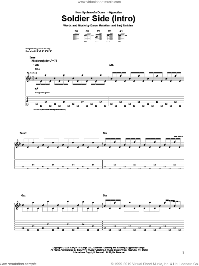 Soldier Side sheet music for guitar (tablature) by System Of A Down, Daron Malakian and Serj Tankian, intermediate skill level
