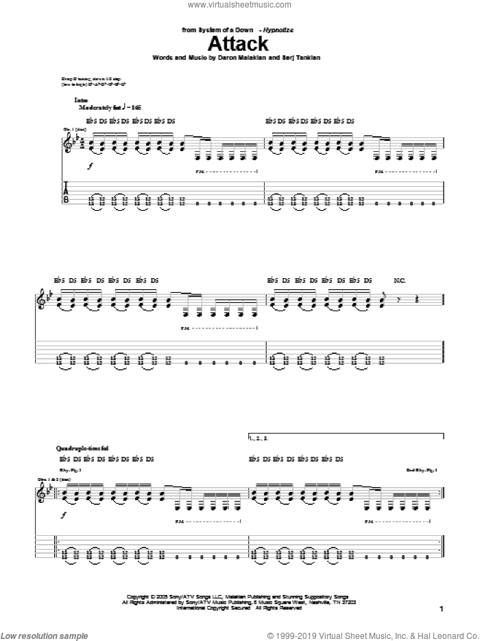 Attack sheet music for guitar (tablature) by System Of A Down, Daron Malakian and Serj Tankian, intermediate skill level