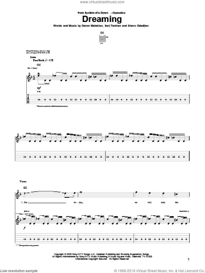 Dreaming sheet music for guitar (tablature) by System Of A Down, Daron Malakian, Serj Tankian and Shavo Odadjian, intermediate skill level