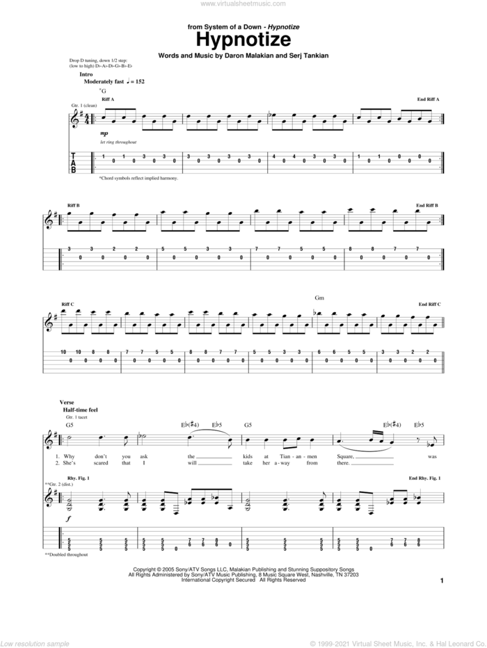 Hypnotize sheet music for guitar (tablature) by System Of A Down, Daron Malakian and Serj Tankian, intermediate skill level