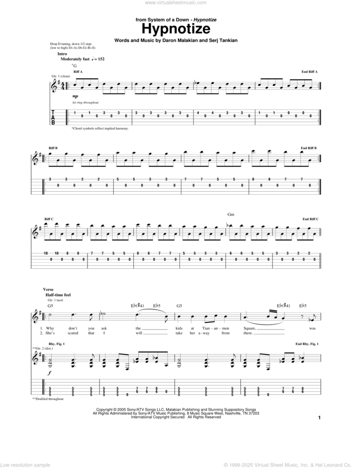 Hypnotize sheet music for guitar (tablature) by System Of A Down, Daron Malakian and Serj Tankian, intermediate skill level