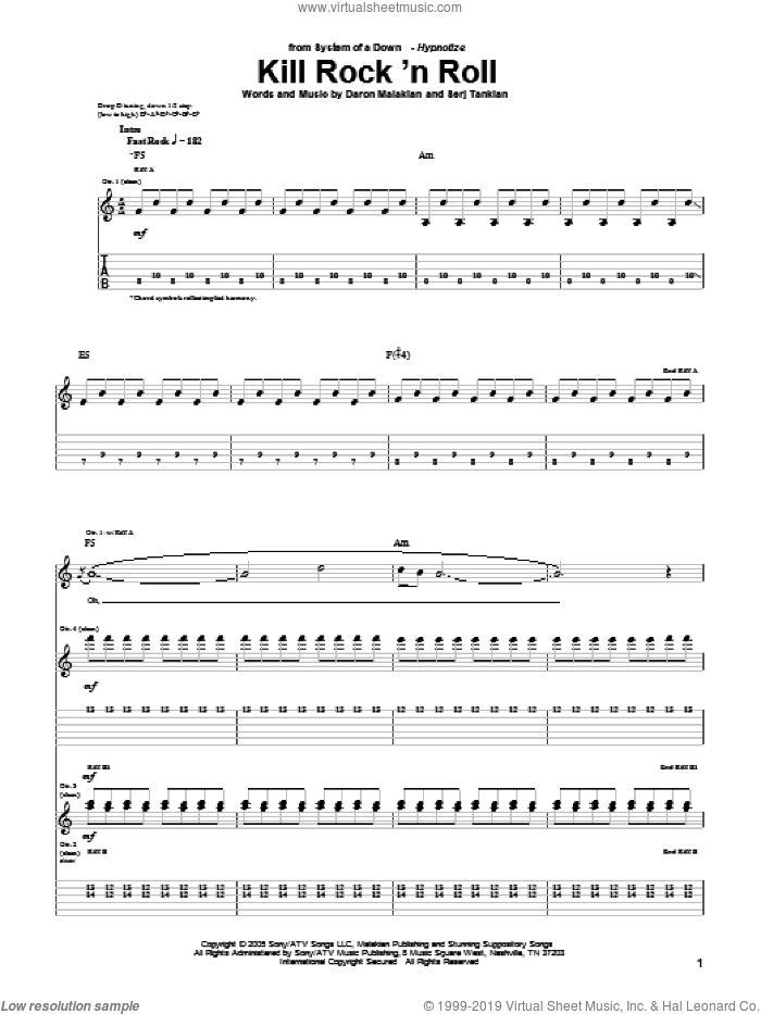 Kill Rock 'N Roll sheet music for guitar (tablature) by System Of A Down, Daron Malakian and Serj Tankian, intermediate skill level