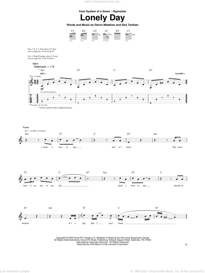 Lonely Day sheet music for guitar (tablature) by System Of A Down, Daron Malakian and Serj Tankian, intermediate skill level