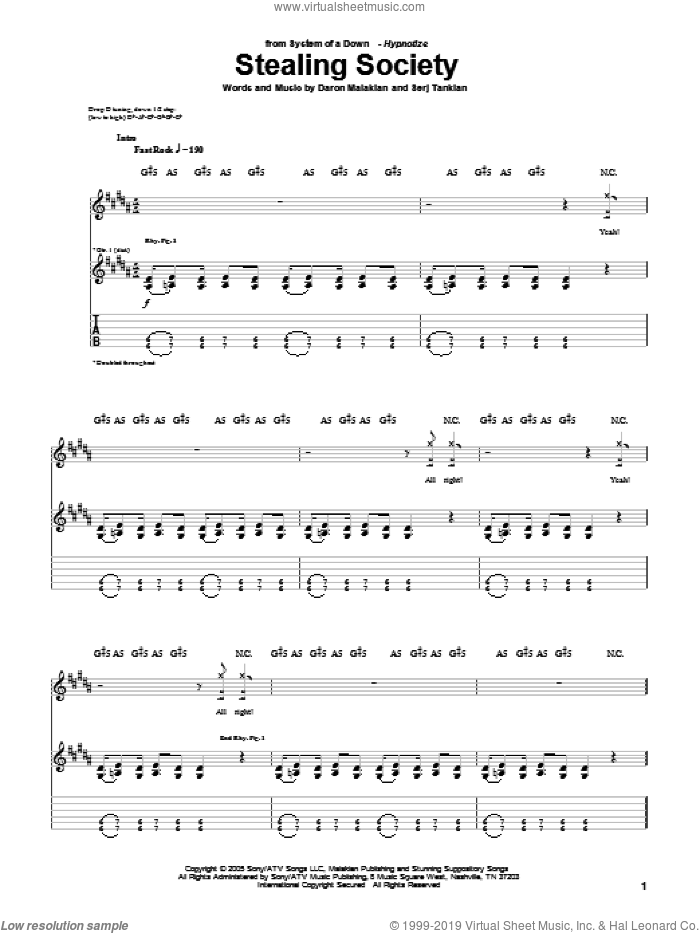 Stealing Society sheet music for guitar (tablature) by System Of A Down, Daron Malakian and Serj Tankian, intermediate skill level