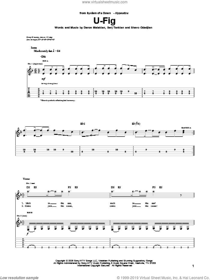 U-Fig sheet music for guitar (tablature) by System Of A Down, Daron Malakian, Serj Tankian and Shavo Odadjian, intermediate skill level