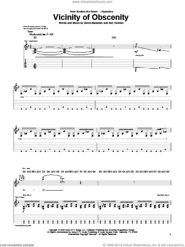 Vicinity Of Obscenity sheet music for guitar (tablature) by System Of A Down, Daron Malakian and Serj Tankian, intermediate skill level