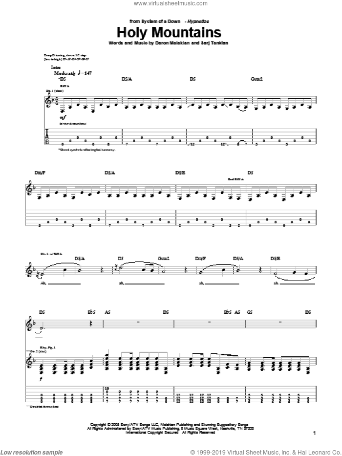 Holy Mountains sheet music for guitar (tablature) by System Of A Down, Daron Malakian and Serj Tankian, intermediate skill level