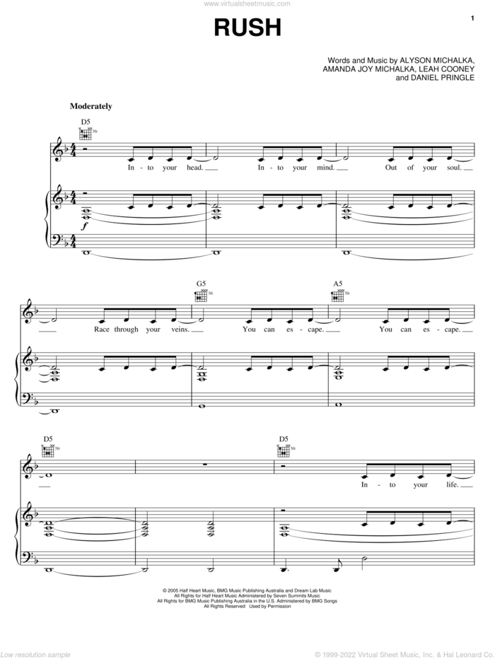 Rush sheet music for voice, piano or guitar by Aly & AJ, Alyson Michalka, Amanda Joy Michalka, Daniel Pringle and Leah Cooney, intermediate skill level