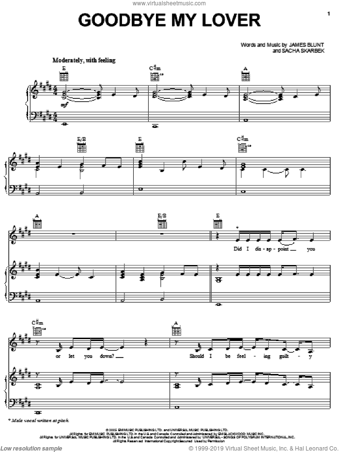 Goodbye My Lover sheet music for voice, piano or guitar by James Blunt and Sasha Scarbeck, intermediate skill level