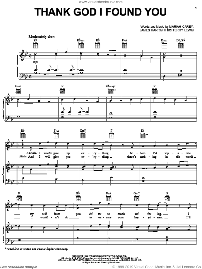 Thank God I Found You sheet music for voice, piano or guitar by Mariah Carey featuring Joe & 98 Degrees, 98 Degrees, Joe, James Harris, Mariah Carey and Terry Lewis, wedding score, intermediate skill level