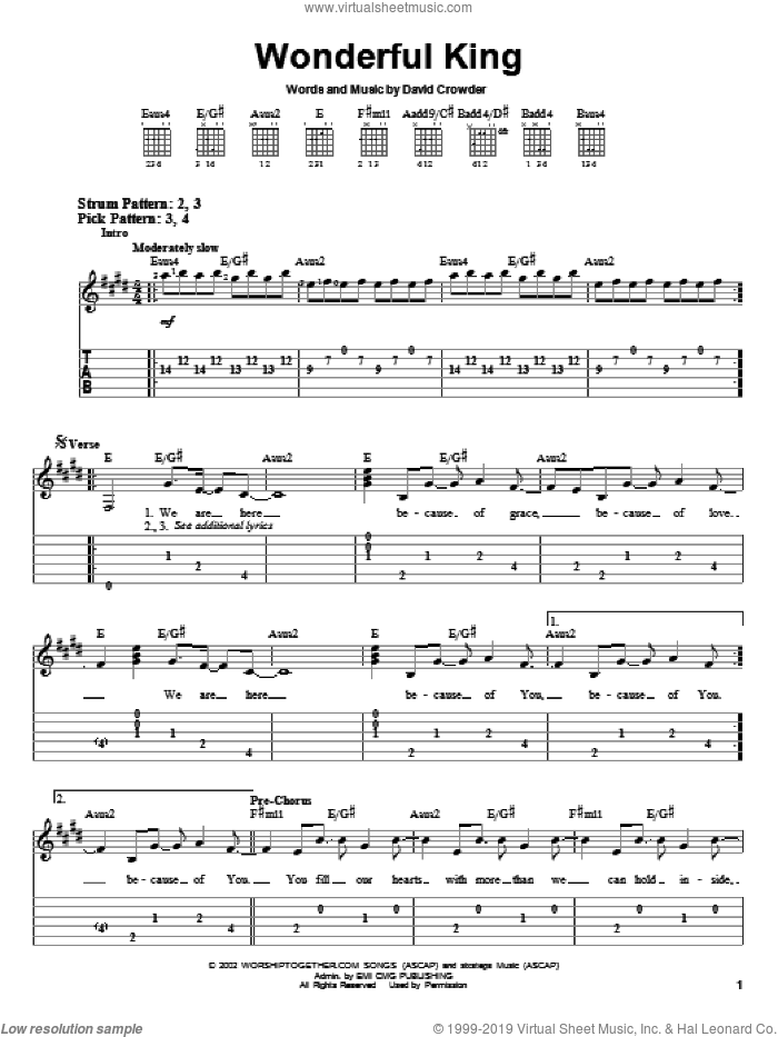 Wonderful King sheet music for guitar solo (easy tablature) by David Crowder Band and David Crowder, easy guitar (easy tablature)