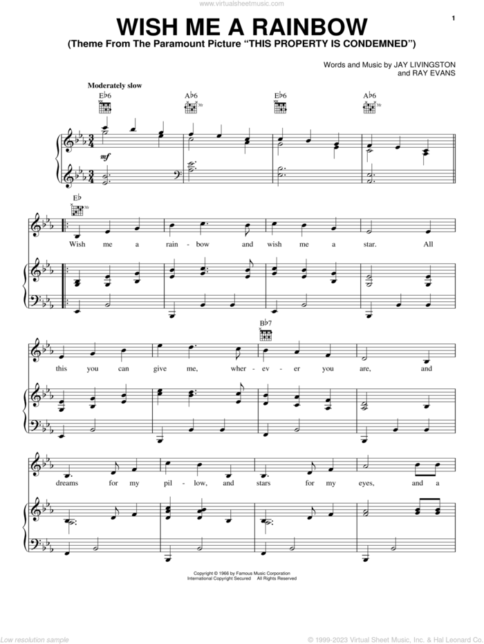 Wish Me A Rainbow sheet music for voice, piano or guitar by Jay Livingston and Ray Evans, intermediate skill level