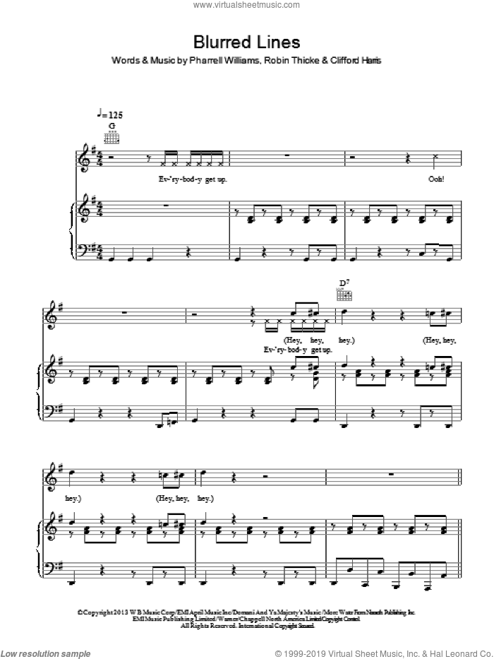 Blurred Lines sheet music for voice, piano or guitar by Robin Thicke, Clifford Harris and Pharrell Williams, intermediate skill level