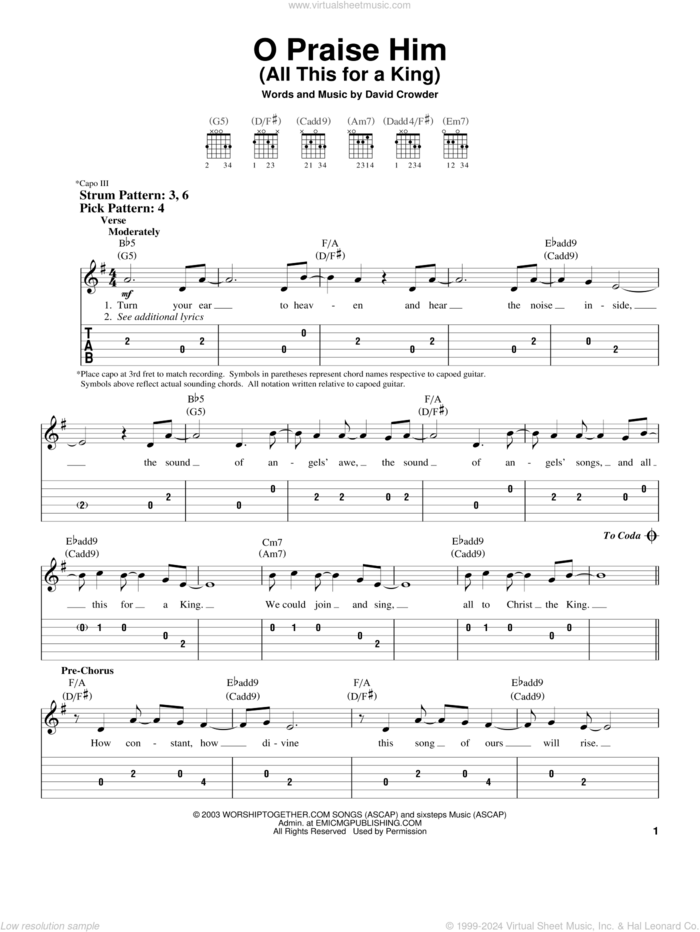 O Praise Him (All This For A King) sheet music for guitar solo (easy tablature) by David Crowder Band and David Crowder, easy guitar (easy tablature)