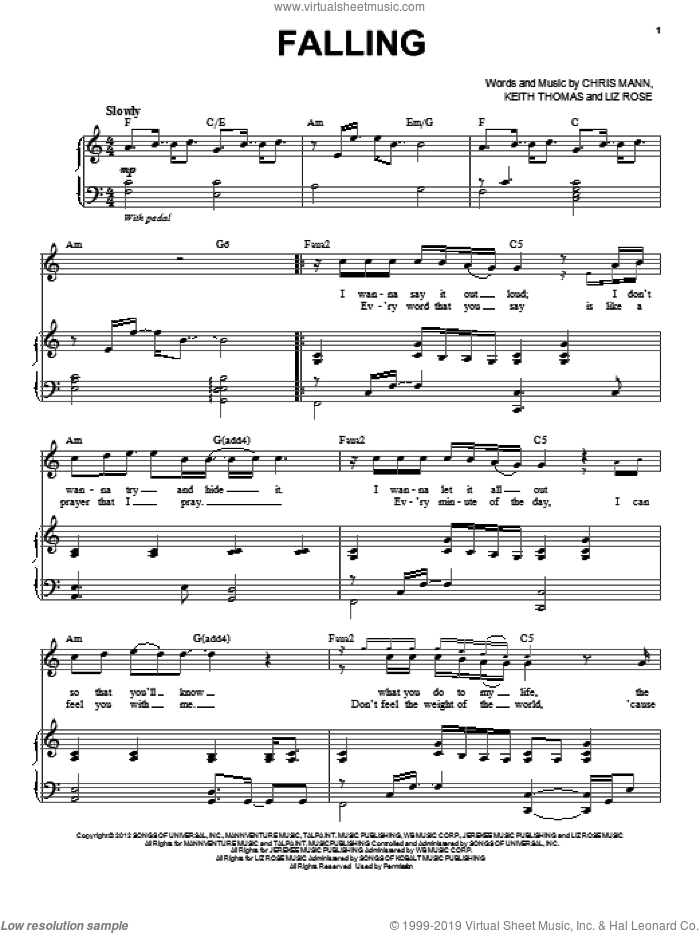 Falling sheet music for voice and piano by Chris Mann, intermediate skill level