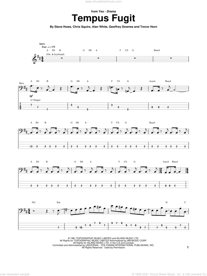 Tempus Fugit sheet music for bass (tablature) (bass guitar) by Yes, intermediate skill level