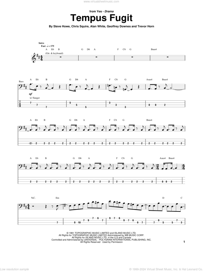 Tempus Fugit sheet music for bass (tablature) (bass guitar) by Yes, intermediate skill level