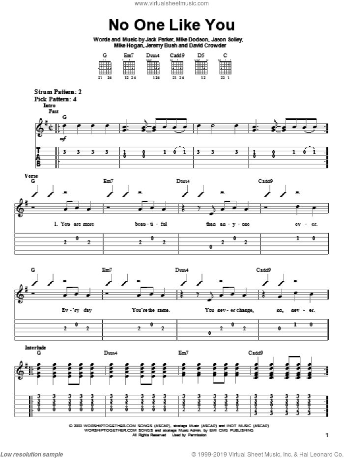 No One Like You sheet music for guitar solo (easy tablature) by David Crowder Band, David Crowder, Jack Parker, Jason Solley, Jeremy Bush, Mike Dodson and Mike Hogan, easy guitar (easy tablature)
