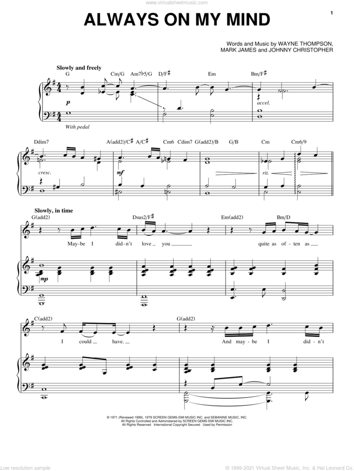 Always On My Mind sheet music for voice and piano by Chris Mann, intermediate skill level