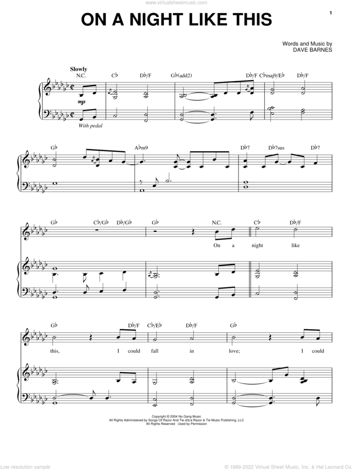 On A Night Like This sheet music for voice and piano by Chris Mann, intermediate skill level