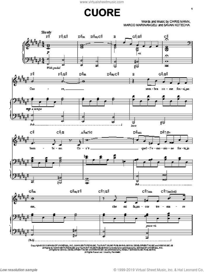 Cuore sheet music for voice and piano by Chris Mann, intermediate skill level