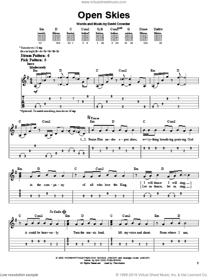 Open Skies sheet music for guitar solo (easy tablature) by David Crowder Band and David Crowder, easy guitar (easy tablature)