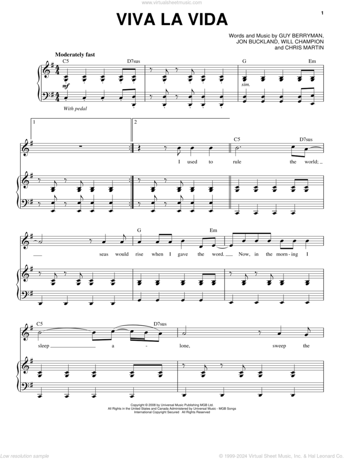 Viva La Vida sheet music for voice and piano by Chris Mann, intermediate skill level