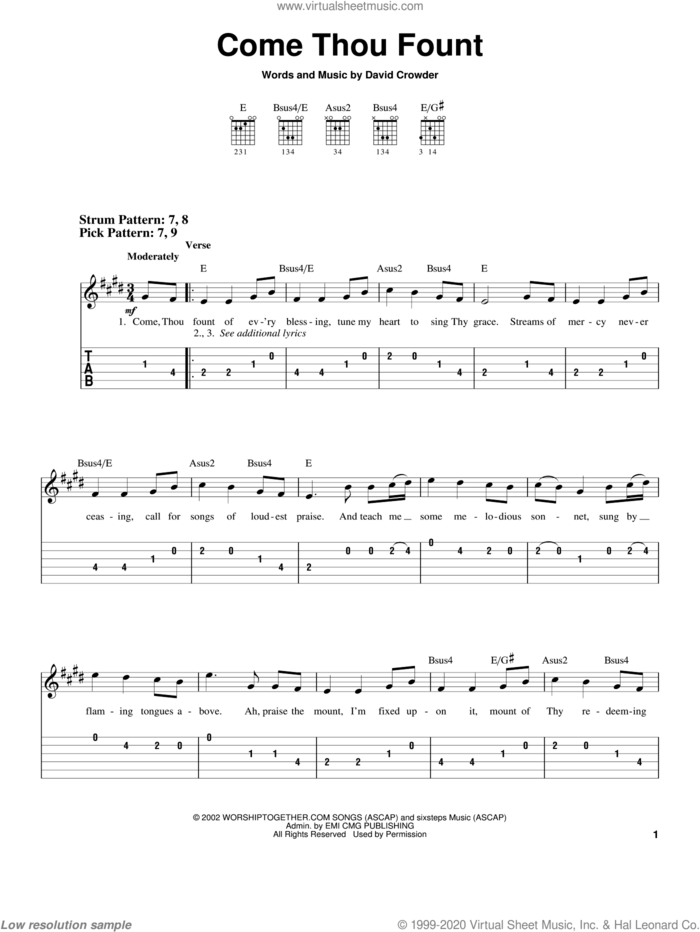 Come Thou Fount sheet music for guitar solo (easy tablature) by David Crowder Band and David Crowder, easy guitar (easy tablature)