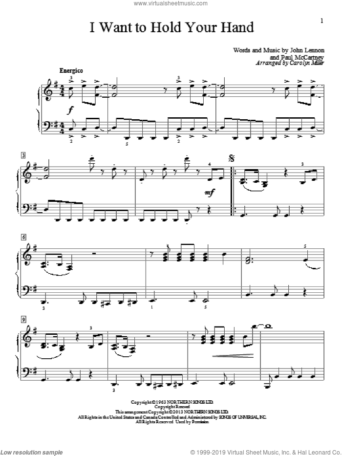 I Want To Hold Your Hand sheet music for piano solo (elementary) by The Beatles and Carolyn Miller, beginner piano (elementary)