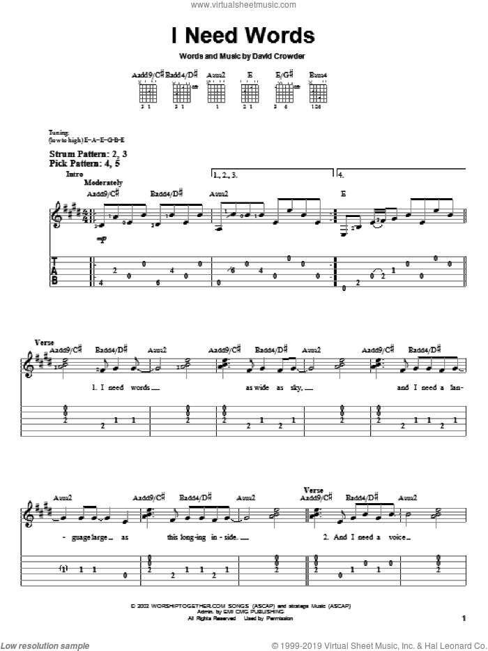 I Need Words sheet music for guitar solo (easy tablature) by David Crowder Band and David Crowder, easy guitar (easy tablature)