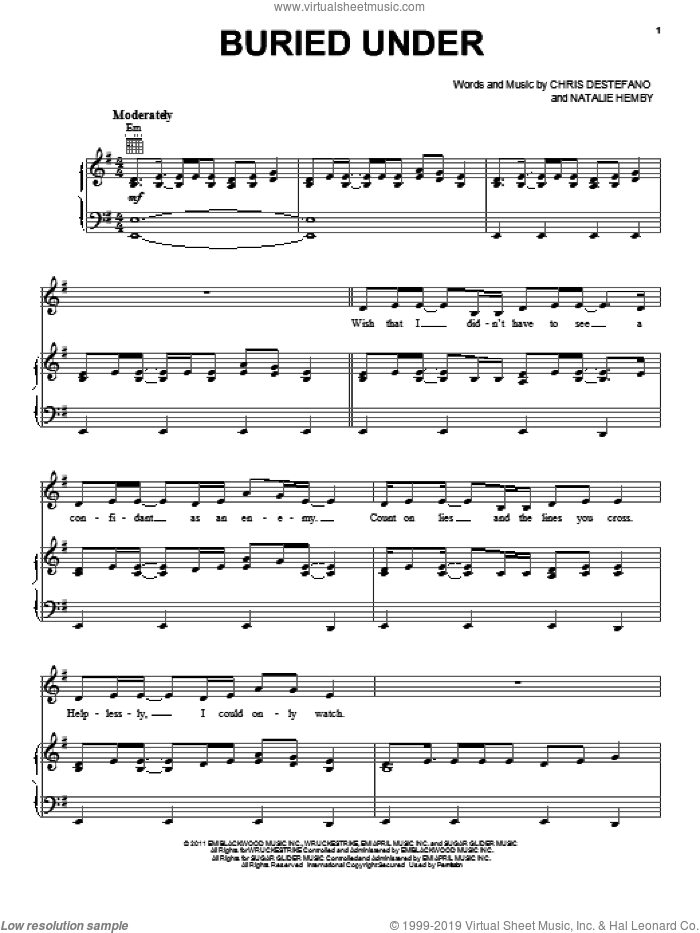 Buried Under sheet music for voice, piano or guitar by Connie Britton, Chris Destefano and Natalie Hemby, intermediate skill level
