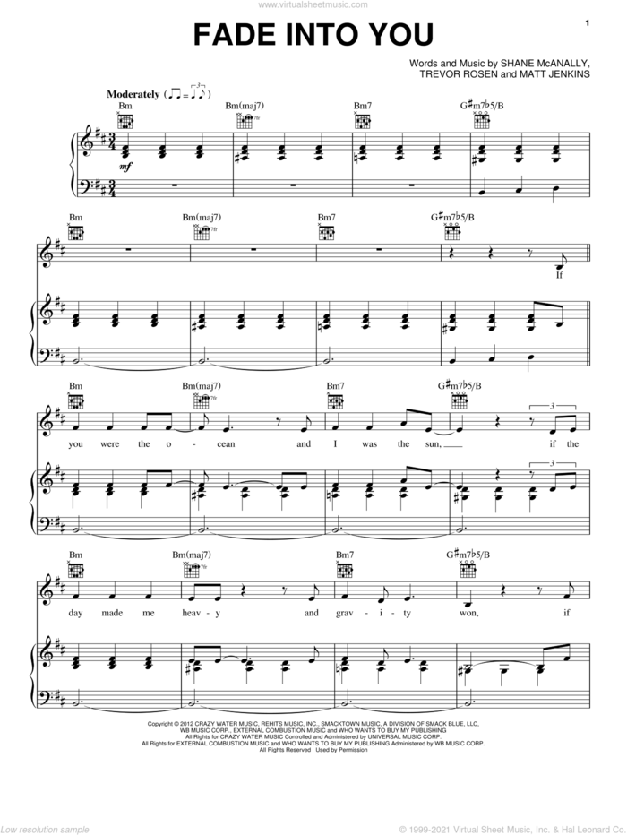 Fade Into You sheet music for voice, piano or guitar by Matt Jenkins, Shane McAnally and Trevor Rosen, intermediate skill level