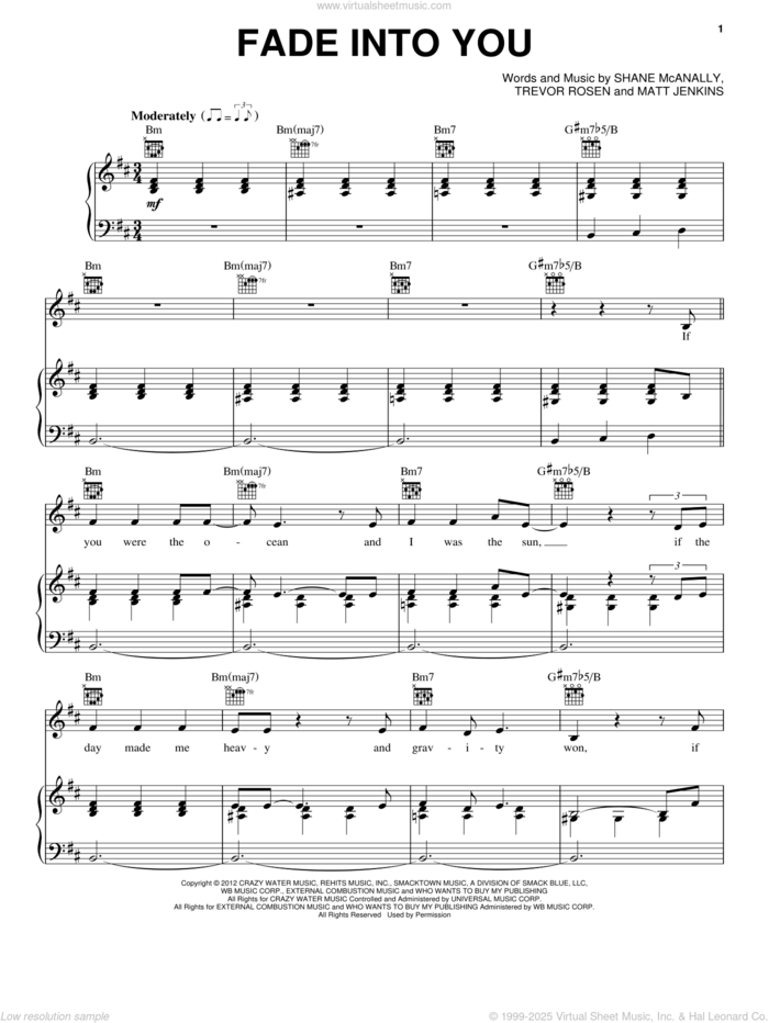 Fade Into You sheet music for voice, piano or guitar by Matt Jenkins, Shane McAnally and Trevor Rosen, intermediate skill level