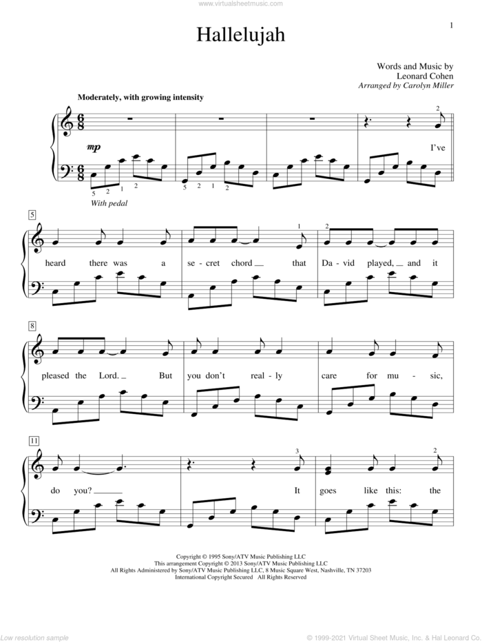 Hallelujah (arr. Carolyn Miller) sheet music for piano solo (elementary) by Leonard Cohen and Carolyn Miller, classical score, beginner piano (elementary)