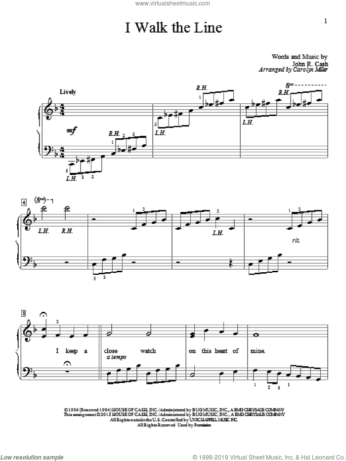 I Walk The Line sheet music for piano solo (elementary) by Johnny Cash and Carolyn Miller, beginner piano (elementary)