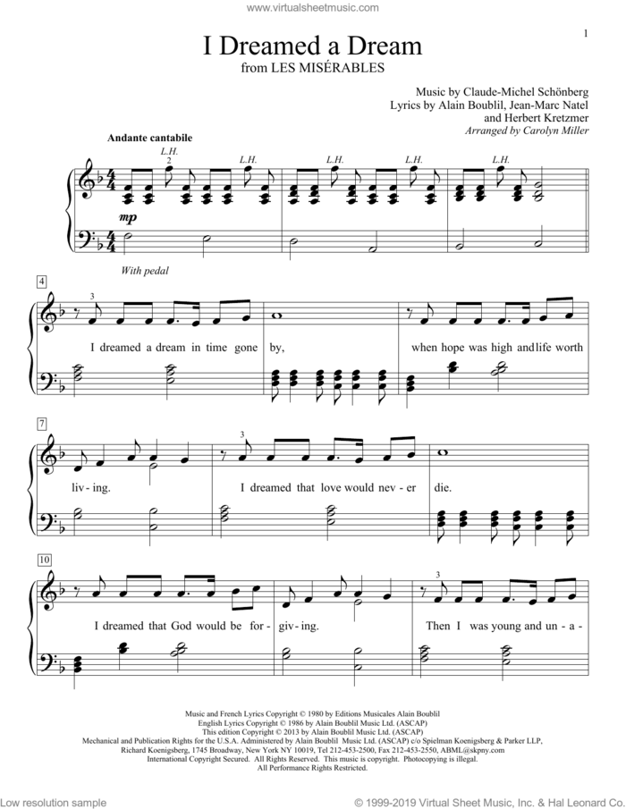 I Dreamed A Dream sheet music for piano solo (elementary) by Claude-Michel Schonberg and Carolyn Miller, beginner piano (elementary)