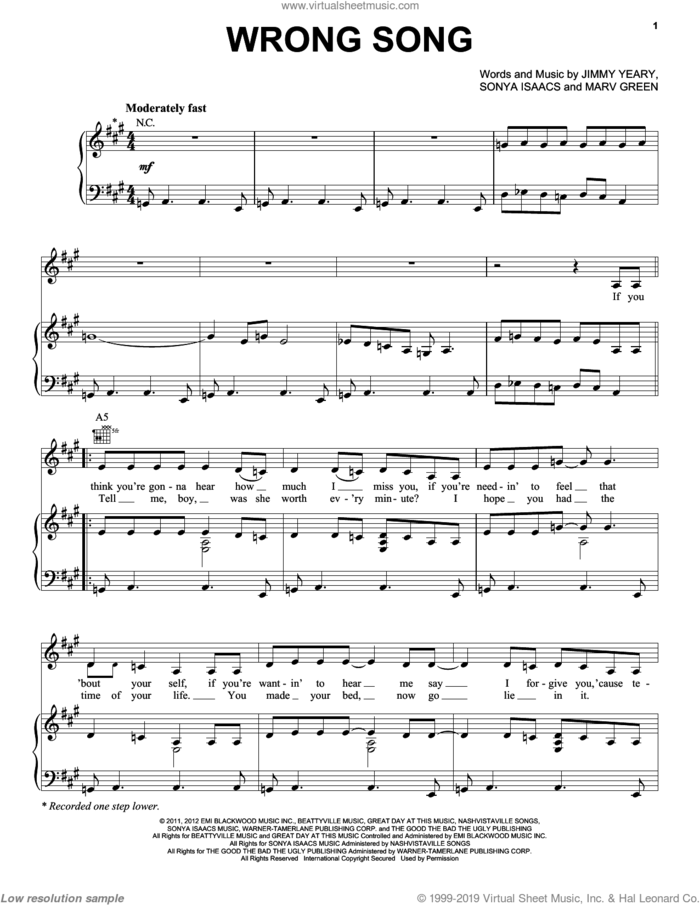 Wrong Song sheet music for voice, piano or guitar by Connie Britton and Hayden Panettiere, Jimmy Yeary, Marv Green, Nashville (TV Show) and Sonya Isaacs, intermediate skill level