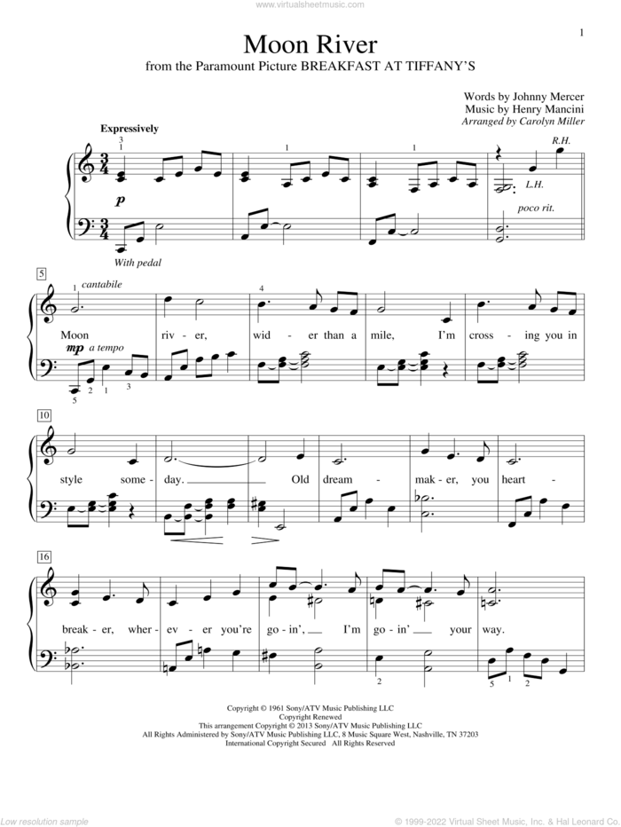 Moon River sheet music for piano solo (elementary) by Henry Mancini, Andy Williams and Carolyn Miller, wedding score, beginner piano (elementary)
